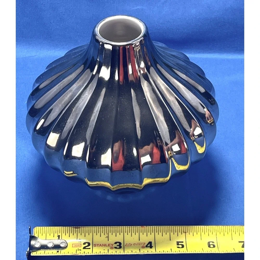 Jonathan Adler Lantern Ribbed Vase Platinum Silver Metallic Pottery 6.875